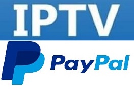 displaying a streaming service IPTV Subscription That Use PayPal interface with icons representing TV channels, movies, and payment methods. A PayPal logo is prominently featured, symbolizing secure transactions.