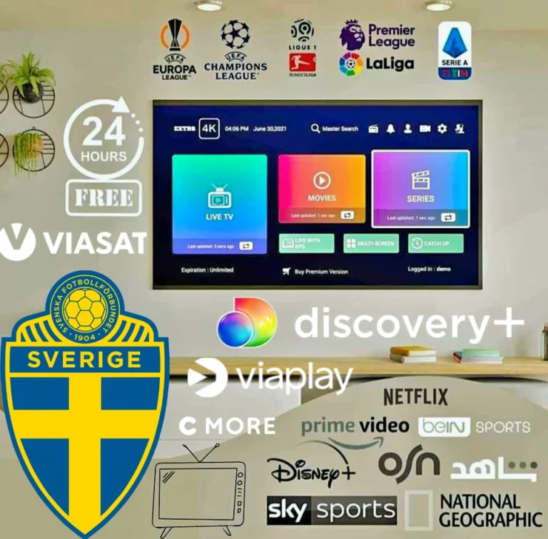 moderne fjernsyn, der viser IPTV-indhold med det danske flag i baggrunden, symboliserende IPTV-tjenester tilgængelige i Danmark