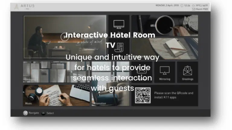 A hotel room with a flat-screen TV displaying an IPTV interface with various entertainment options, Hotel IPTV system providers in Oman experience provided by TVCRAFTER for IPTV systems.