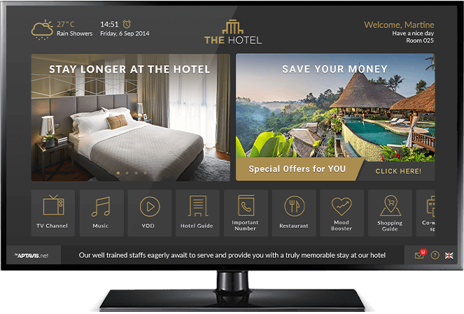depicting a luxurious hotel room with a large screen TV streaming IPTV channels, representing TVCrafter’s IPTV solution for hotels