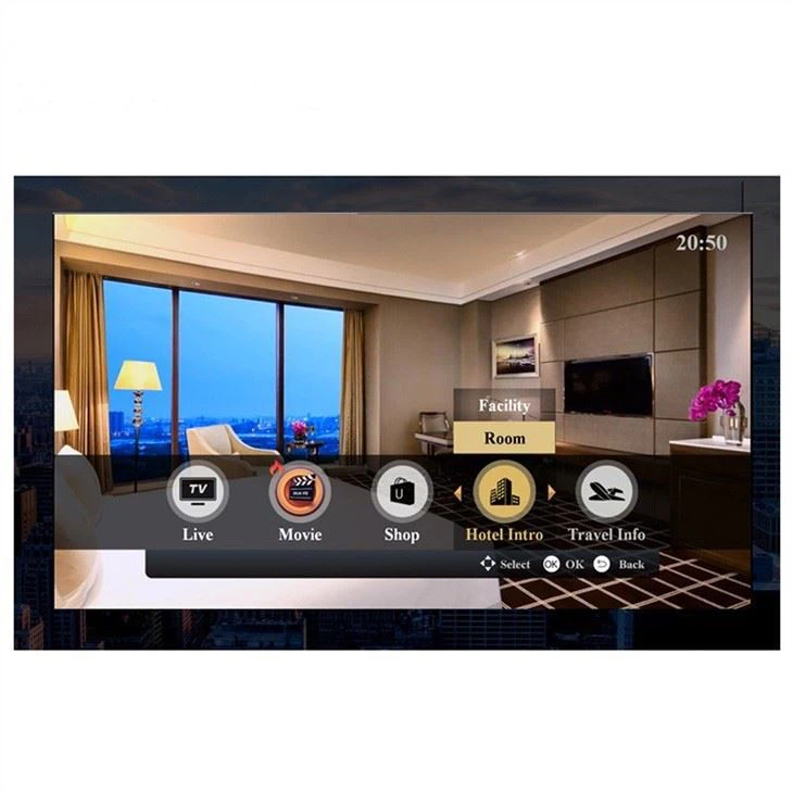 Image showing a hotel room with a television displaying various IPTV channels, symbolizing the hotel IPTV solution provided by TVCrafter