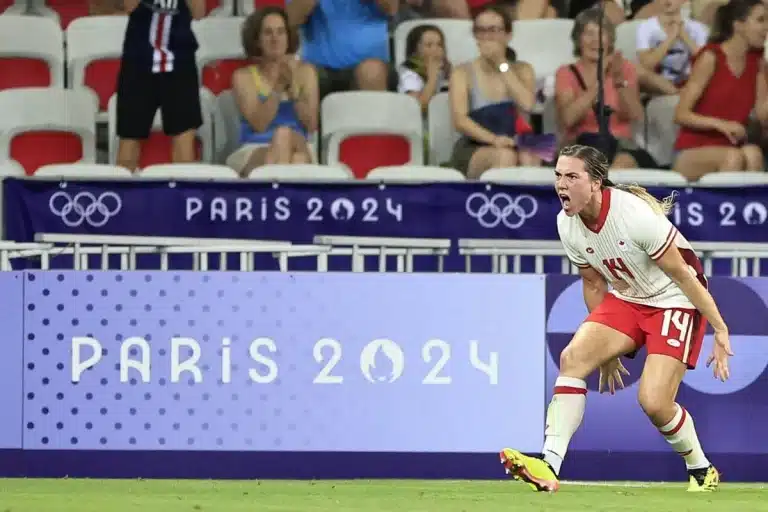 Canadian women’s soccer team celebrating victory during the 2024 Paris Olympics